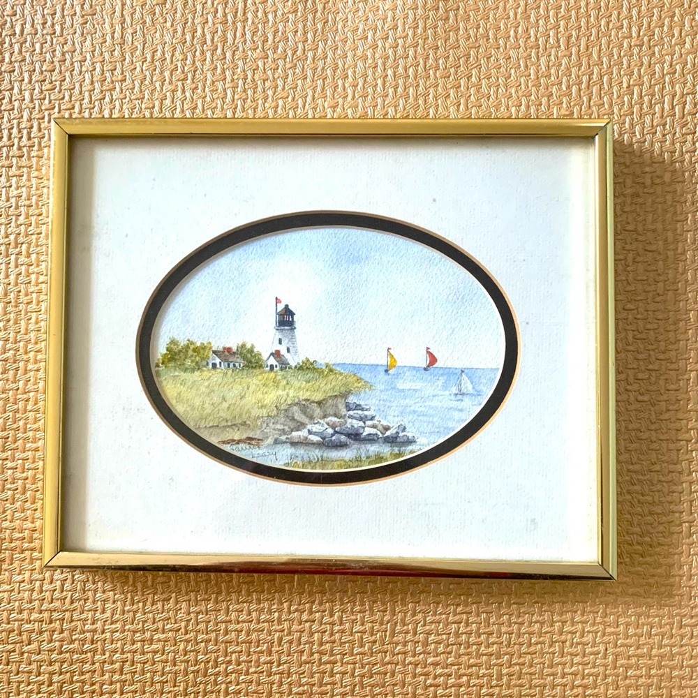 VTG Watercolor Coastal scene with lighthouse Framed